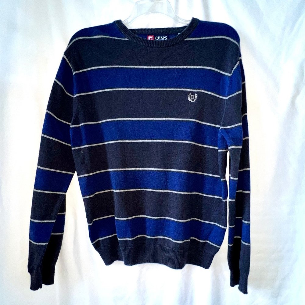 Chaps Cotton Crew Neck Sweater, Size Large, Striped Shades of Blue, EC!